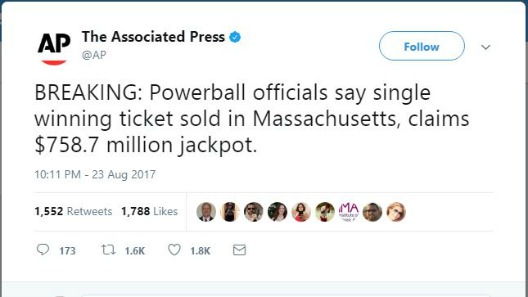 Твит о выигрыше второго самого высокого джекпота Powerball в истории лотереи